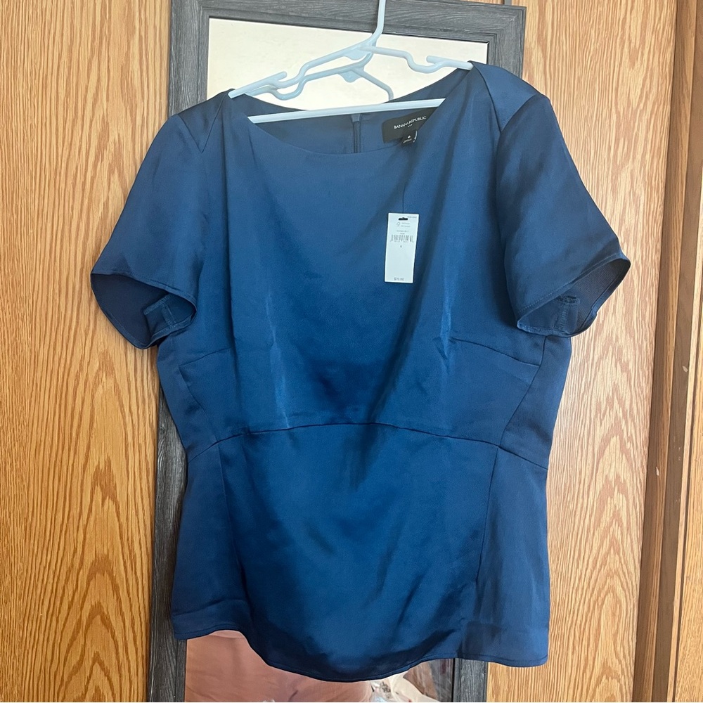 Banana Republic Greenish Navy Blue Short-Sleeve Satin Top
